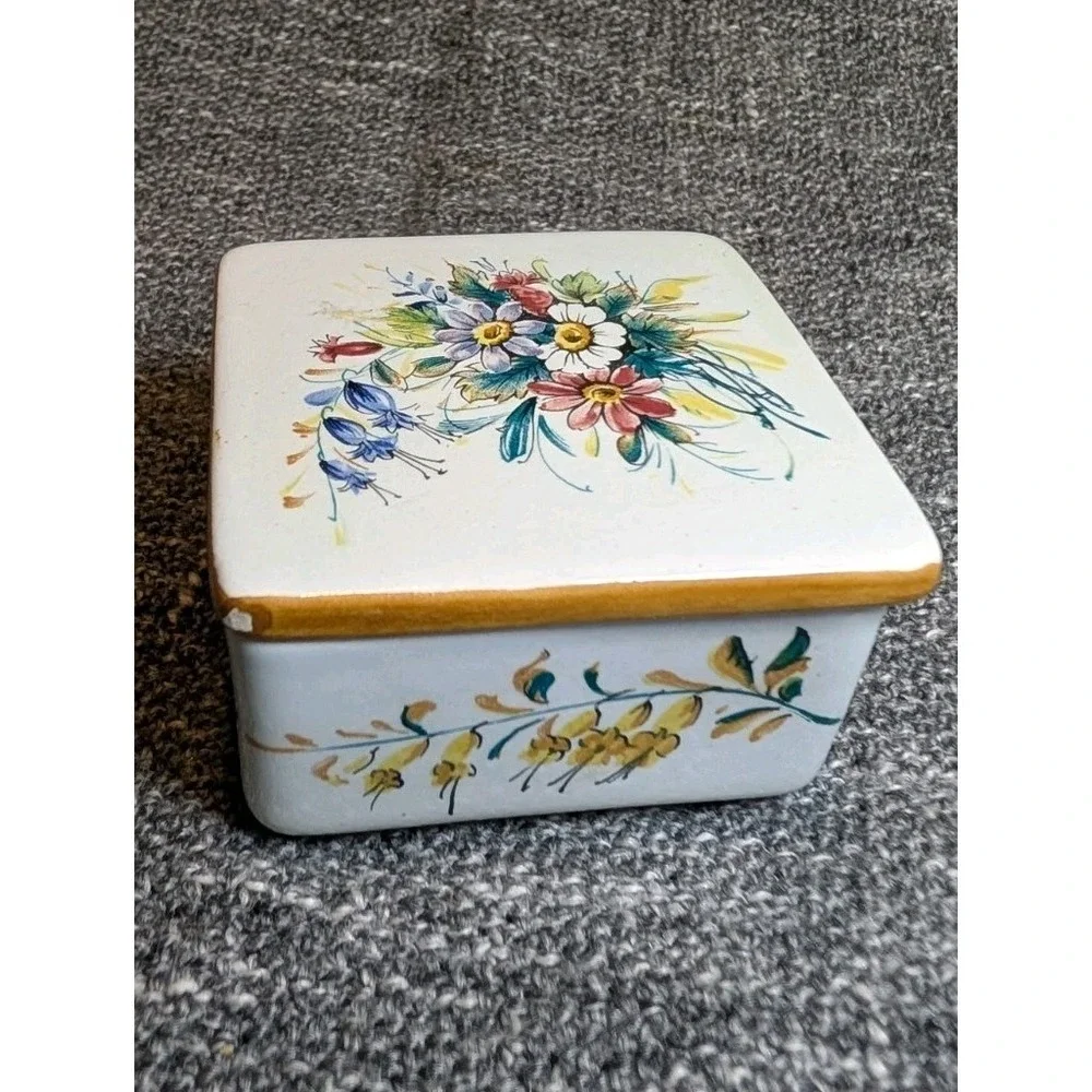Vintage KV Ker-Vitrel Ceramic Trinket Box France Hand Painted Floral Square